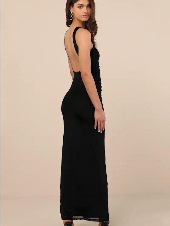 Lulu's Sleek Black Ruched Maxi Dress With Side Slit